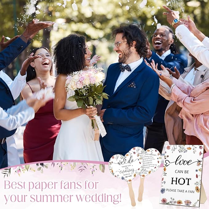 51 Pcs Wedding Fans for Guests Wedding Favor Paper Fans with Handle Bulk Table Sign for Ceremony Bridal Party Decoration(White,Wildflower)