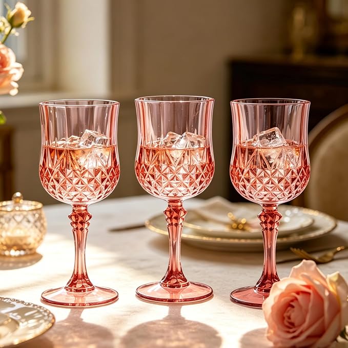 Plastic Wine Glasses, Plastic Goblets Vintage Style Cordial Unbreakable Drinking Glasses, Reusable Drinkware for Wedding Reception, Grand Event Party Supplies (12, Rose Gold)