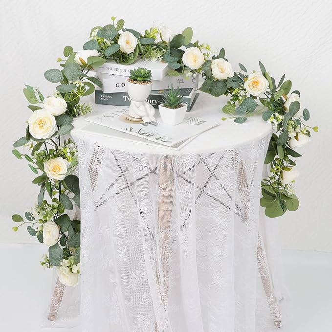 TOCHGREEN 4 Pack Artificial Eucalyptus Flower Garland with White Roses, Fake Rose Flower Greenery Garland Floral Vines for Wedding Home Party Table Runner Decor (4PCS, White)
