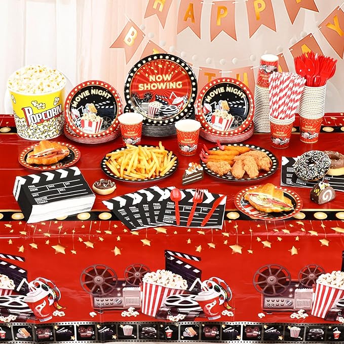 Funnymoom 452 Pcs Movie Night Party Decorations Supplies Set Include Movie Theme Birthday Paper Plates Napkins Cups Tablecloth Cutlery Straws for Now Showing Red Carpet Birthday Party