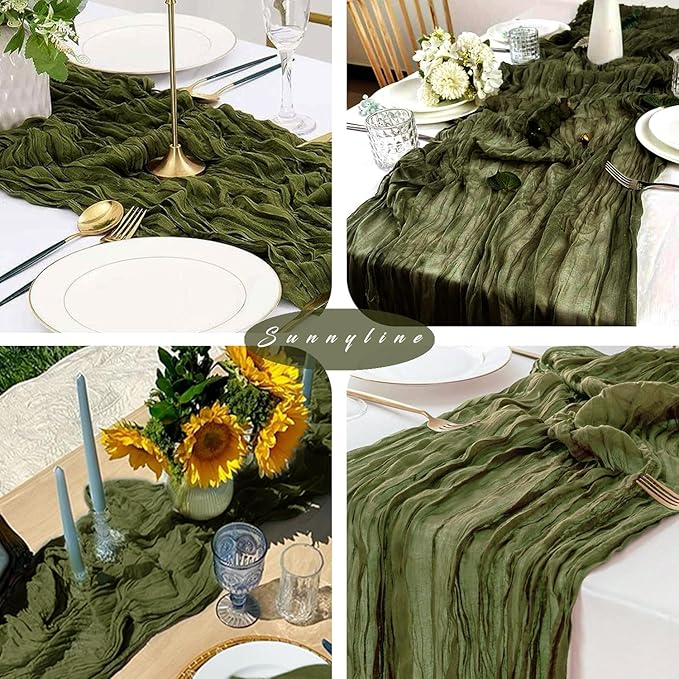 6 Pieces 10FT Olive Green Cheesecloth Table Runner Boho Gauze Fabric Runner for Tables Rustic Sheer Runner for Wedding Bridal Shower Birthday Holiday Party Table Arbor Decor (35 x 120 Inches Long)
