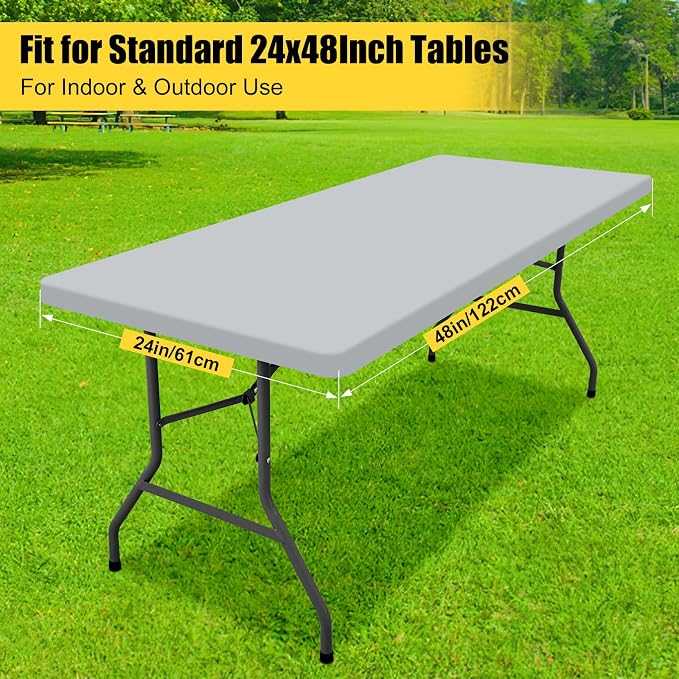 Smiry 3 Pack Rectangle Table Cloth, Elastic Fitted Flannel Backed Vinyl Tablecloths for 4ft Folding Tables, Waterproof Wipeable Table Covers for Outdoor, Camping and Picnic (Light Grey, 24"x48")