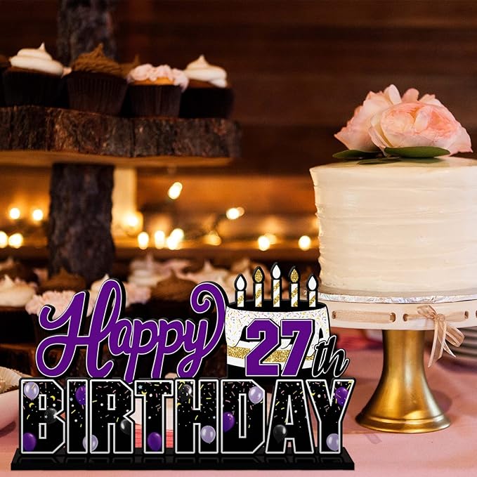 LINGTEER Happy 27th Birthday Purple Acrylic Table Topper Centerpieces Set - Cheers to 27 Years Old Birthday 27th Bday Party Gift Decorations.