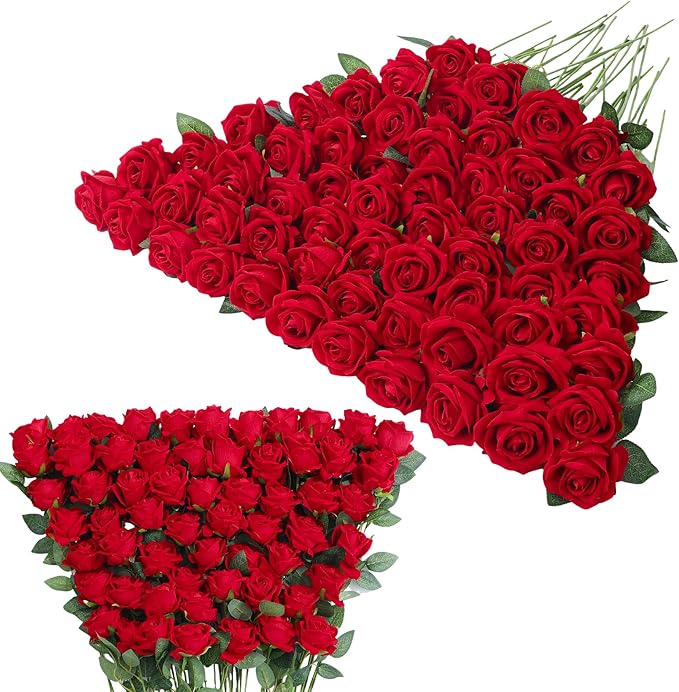 90 Pcs Red Velvet Rose Artificial Flowers, 51cm Silk Wedding Fake Silk Roses Florals for Centerpieces DIY Bouquet Party Arrangement Bridal Home Decor