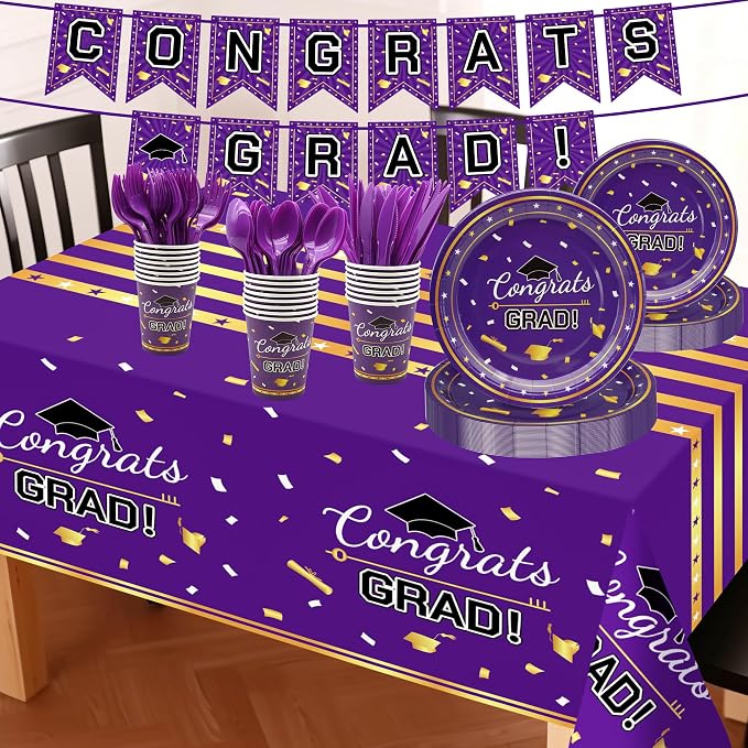 Graduation Decorations 2026,147 PCS Purple and Gold Graduation Decorations,Graduation Party Decorations,Disposable Grad Graduation Tableware Banner Graduation Plates Cups Tablecloth for 24 Guests