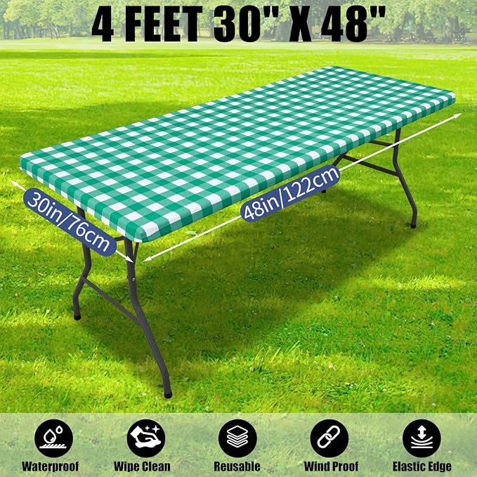 Smiry Picnic Table Cloth 6 Pack, Waterproof Elastic Fitted Tablecloths for 4FT Rectangle Tables, Washable Polyester Buffalo Plaid Tablecloth for Camping, Dining & Outdoor (Green & White, 30" x 48")
