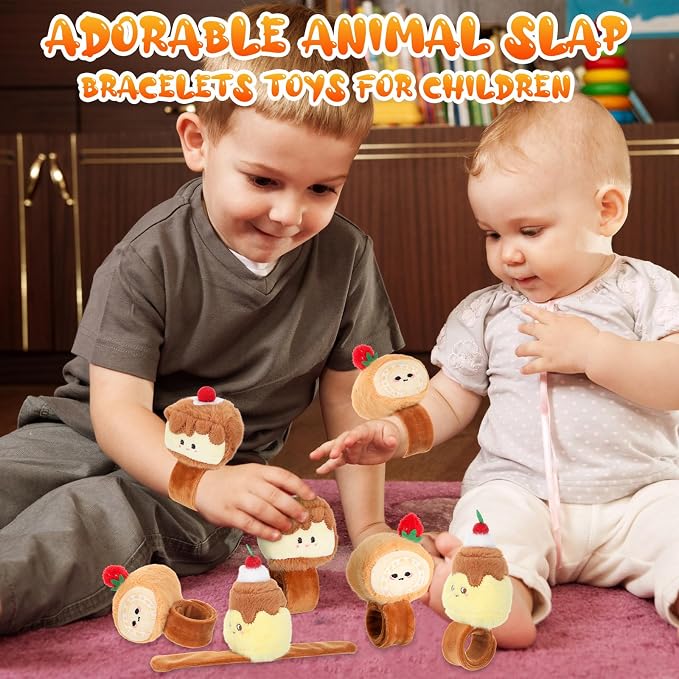 Lenwen 8 Pcs Dessert Stuffed Slap Bracelets for Kids Plush Dessert Slap Snap Bracelets Bulk Sweet Pudding Roll Cake Plush Wrist Bands for Food Birthday Graduation Party Favors Gift Boys Girls