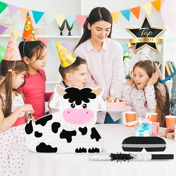 Milk Cow Pinatas Bundle with a Blindfold and a Bat (16 x 13 x 4 Inches), Perfect for kid's Birthday Parties, Mexican Theme Parties, Decorations