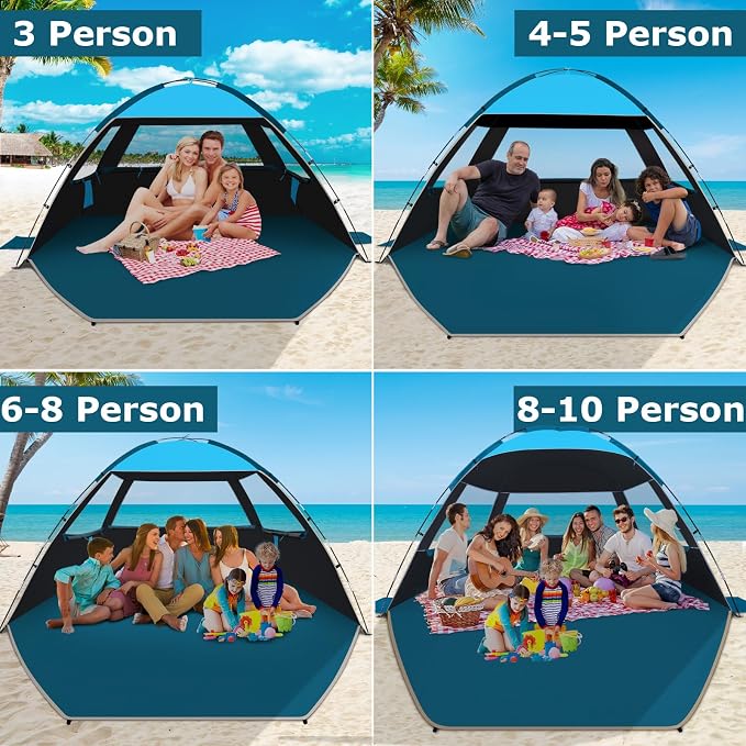 COMMOUDS Beach Tent Sun Shelter for 3/4/6/8 Person, UPF 50+ UV Protection Beach Shade Canopy Tent, Lightweight, Easy Set Up and Carry
