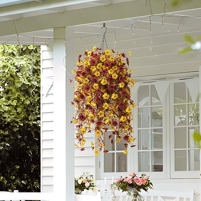 Homsunny Fall Artificial Faux Mums Hanging Flowers Plants Basket for Outdoor Decoration,Fake Silk Daisy planters UV Resistant Look Real for Home Porch Patio Balcony Yard Autumn Decor (Yellow Brown)