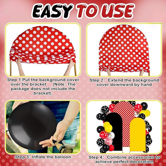 Foilswirl 34 Pieces Cartoon Mouse Birthday Party Decorations 4ft 5ft 6ft Arch Covers 3 Pcs Cartoon Mouse Theme Spandex Arch Backdrop Cover 30 Pcs Red Yellow Black Balloons 1 Ribbon for Party Decor