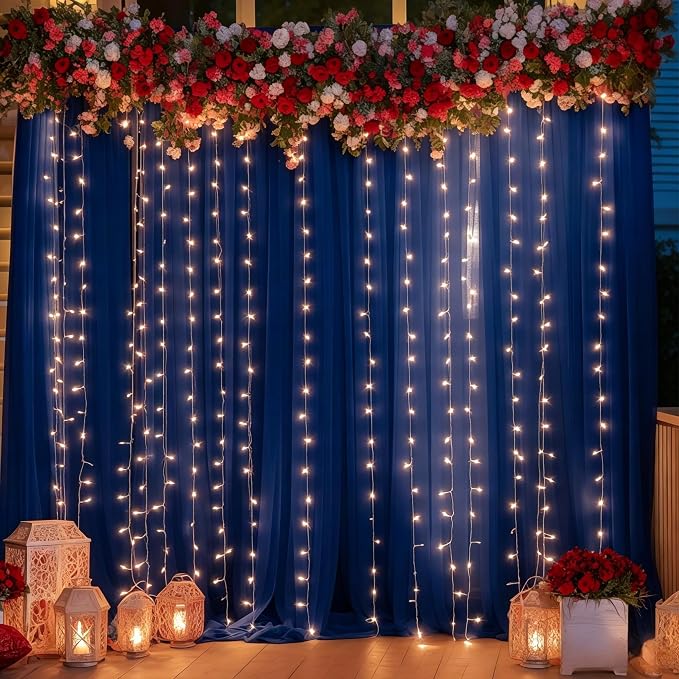 30ft x 10ft Navy Blue Backdrop Curtain with Lights String for Parties, Sheer Tulle Wedding Photo Backdrops Drapes for Baby Shower Birthday Party Decorations Background for Photography