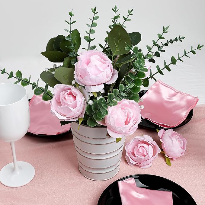 Artificial Flowers in Pot - 10 Inches Pre-Made Large Faux Silk Rose Floral Greenery Table Centerpieces with Rustic Tall Metal Vase for Farmhouse Home Decoration - Pink