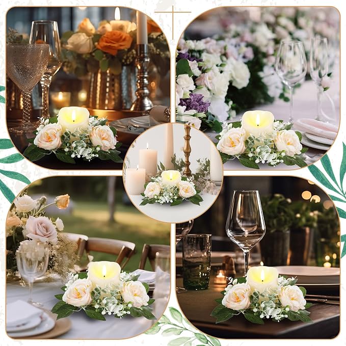 Yunlly 16 Set Rose Candle Rings Wreaths 3 Inch Center with Flameless LED Candles Artificial Rose Light Garland Fake Electric Votive Tealights Bulk Funeral Wedding Table Centerpieces Decor(Champagne)