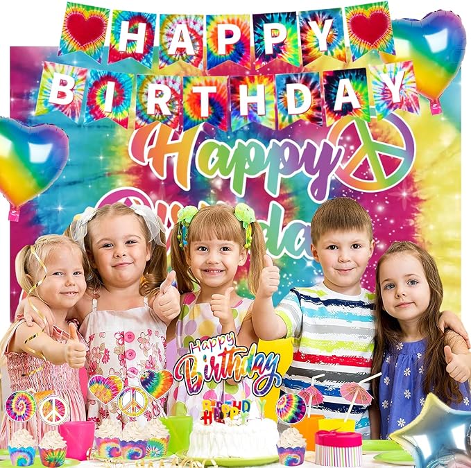 Tie Dye Birthday Party Decorations – 112PCs Rainbow Tie Dye Themed Party Supplies Set with Colorful Backdrop, Balloon Garland, Banner, Tablecloth, Cake Cupcake Topper