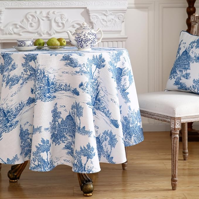 patdrea Elegant French Linen Tablecloth,Round,Diameter 67"-Lucerne A | Vintage Elegant Table Cloth for Round Table,Blue and White Chinoiserie Print,for Dining Room Tea Party Thanksgiving
