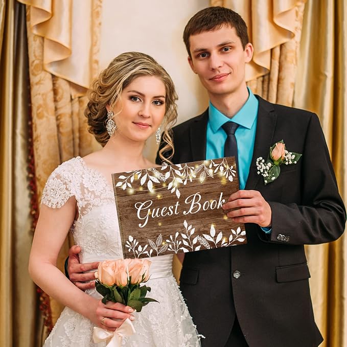 Wood Grain Wedding Guest Book with Pen for Wedding Decor Birthday Rustic Leaves Visitors Book for Anniversary Funeral White Leaves Bridal Shower Wood Grain Guestbook Signing Rustic Decor