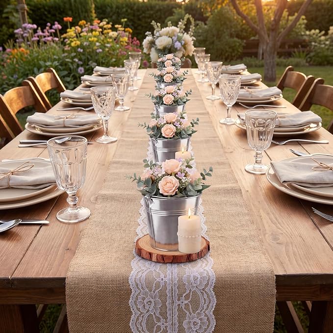 meekoo 12 Pcs Farmhouse Rustic Table Centerpieces Decor Include 6 Small Metal Tin Galvanized Buckets 4.7'' Tall and 6 Wood Slices Round 7-7.8'' for Wedding Birthday Home Succulents DIY Table Decor