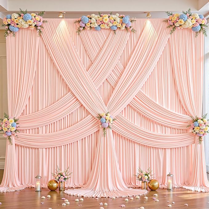 16x10FT Pale Pink Backdrop Curtains for Wedding Parties, Wrinkle Free Polyester Photography Backdrop Drapes for Wedding Baby Shower Birthday Parties Stage Background Stand Decorations 4x10ft,4 Panels