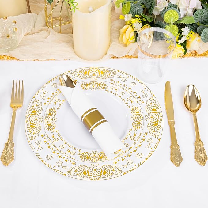 GATHER 350PCS White and Gold Plastic Plates - Gold Disposable Dinnerware Set Include 50 Dinner Plates, 50 Dessert Plates, 150 Gold Plastic Silverware, 50 Napkins, 50 Cups for Wedding & Party