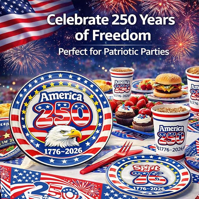 252 PCS 250th Anniversary USA Party Supplies – 1776–2026 Patriotic American Decorations, Serve 50 Guests, Includes Plates Cups Napkins Tablecloths Red Knives & Blue Forks for 4th of July -