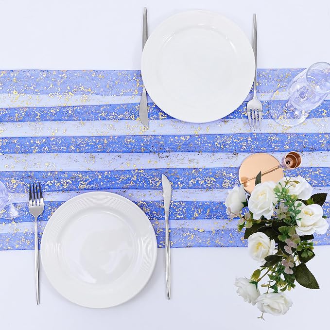BINBE 1PCS Dark Bule Table Runner 10Ft Sheer Chiffon Fabric Cheesecloth Sequin Glitter Table Runner for Wedding Birthday Party Decor