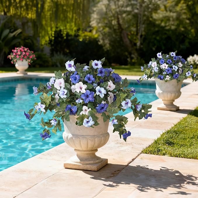 Ammyoo Artificial Fake Petunia Flowers for Outdoor Decoration, 2PCS Faux Silk Petunias Flower for Spring UV Resistant No Fade Realistic Plants for Garden Balcony Yard Porch Indoor Decor(Blue White)