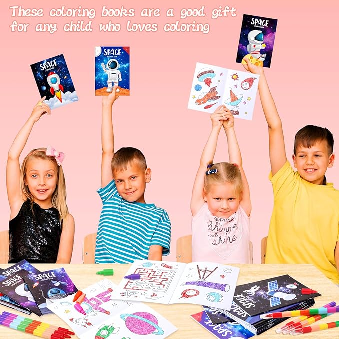 BenLouis 24 Outer Space Mini Coloring Books Kids with 24 Stacking Crayons Astronaut Party Favors Activity Books Bulk for Kids Solar System Galaxy Alien Goodie Bag Gift Stuffer Classroom Reward