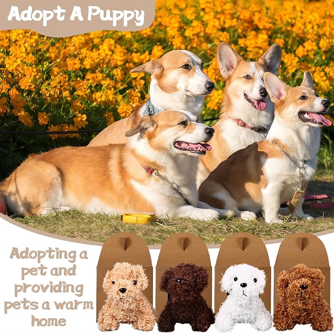 Adopt A Puppy Party Favors Mini Plush Stuffed Animals Set with 12 Plush Puppy Mini Fence Blackboard Kraft Paper Box for Adopt An Animal Themed Birthday Party
