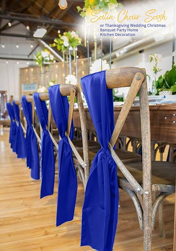 60 PCS Royal Blue Satin Chair Sashes, Ties Bows Designed Chairs Decorative, Chair Cover Sashes for Thanksgiving Wedding Christmas Banquet Party Home Kitchen Decoration (7 x 108 inch)
