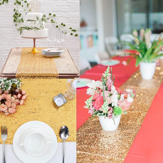 12 Packs 12 X 72 Inch Gold Sequin Table Runner Glitter Dining Table Runner for Birthday Wedding Engagement Bridal Baby Shower Bachelorette Holiday Celebration Party Supplies Decorations (Gold)