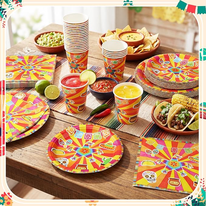 Jenaai 200 Pcs Fiesta Tableware Set Serve for 50 Guests Mexican Birthday Party Decorations Cinco De Mayo Party Supplies 9" Dinner Plates 7" Dessert Plates Cups and Napkins for Dinnerware Disposable