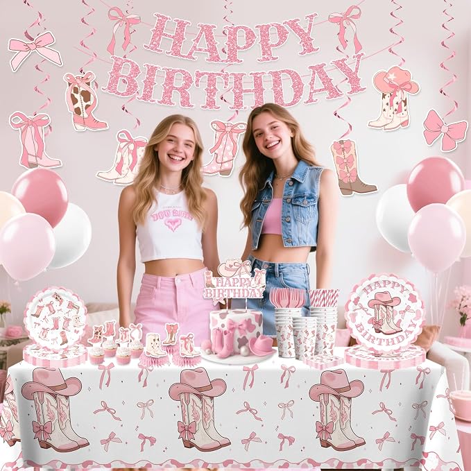 Xynic 213pcs Boots and Bows Party Decorations, Convenient Paper Tableware Set Includes 50pcs 350gsm Plates 24pcs Cupcake Toppers and 2 Pcs Tablecloths, Cowgirl Birthday Party Decorations for Girl