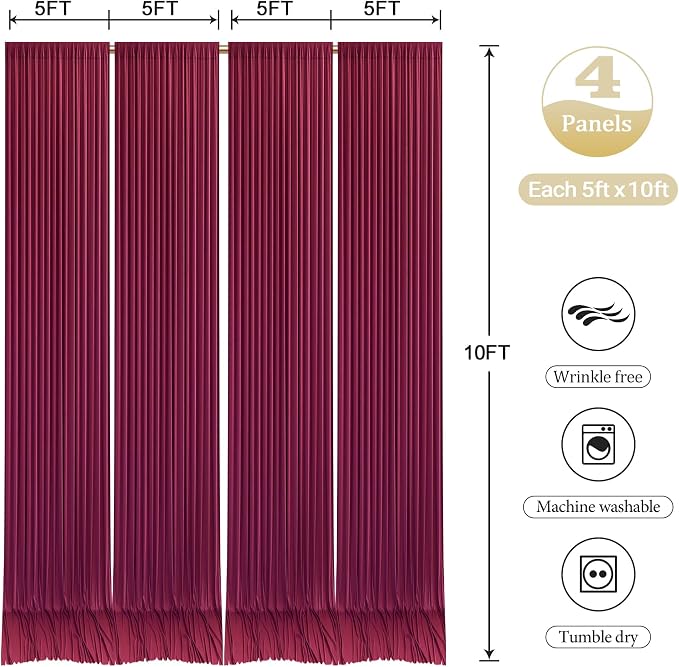 Burgundy Backdrop Curtains with Lights for Parties,20x10FT Wrinkle Free Wedding Photo Backdrop Curatin Drapes Fabric for Baby Shower Birthday Ceremony Reception Home Party Decorations