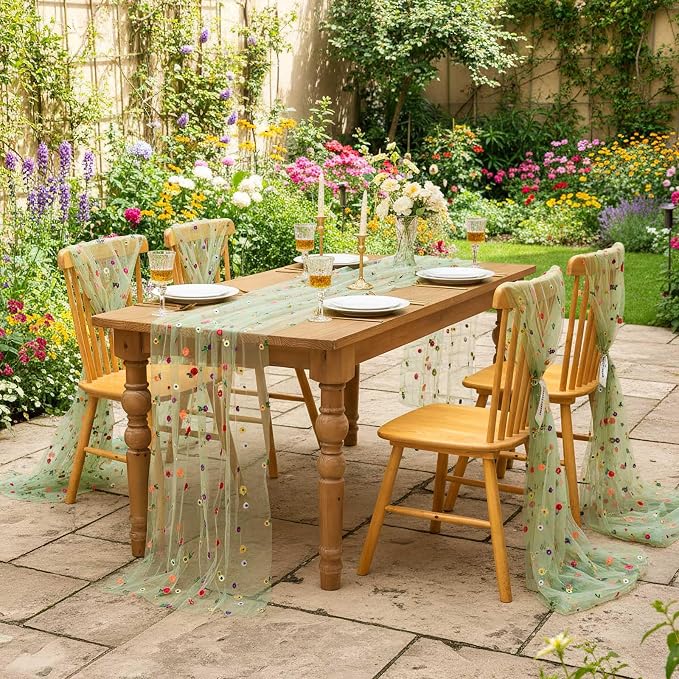 QueenDream Flower Tulle Table Runner 10FT Sage Green Gauze Table Runner with Embroidery Daisy Rustic Vintage Fabric 3 Packs