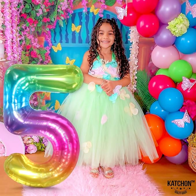 Giant, Rainbow Number 5 Balloon - 40 Inch | Big, Butterfly Balloon and Flower Balloon - Pack of 10 | Rainbow 5 Balloon Number for 5th Birthday Decorations Girl | Number 5 Balloons for Birthdays