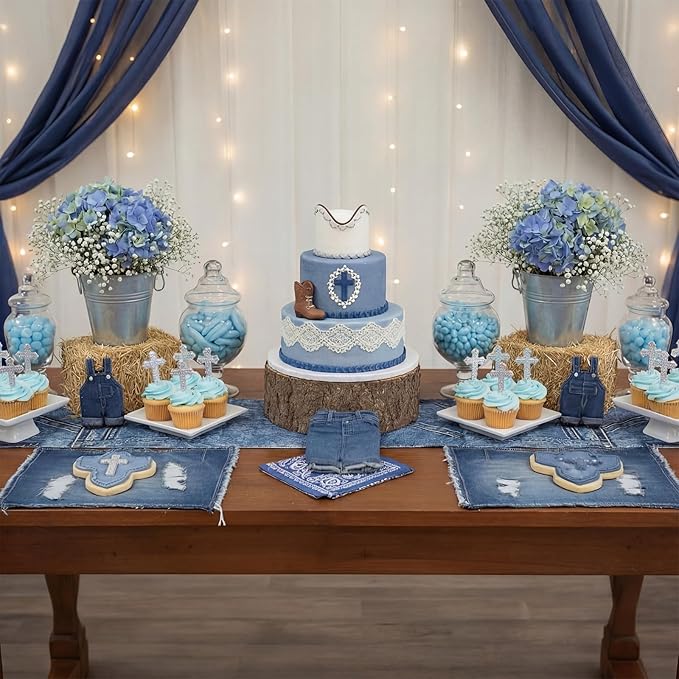 Mindsoft 6 Pcs Blue Jean Table Runners 72 Inches Blue Jean Baby Shower Decorations Denim Jeans Decorative Table Runners for Denim and Diamonds Bachelorette Engagement Wedding Decor Celebration