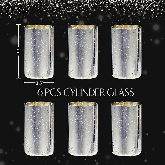 Willceka Silver Candle Holder Hurricane Candle Cylinder Vases for Centerpieces Set of 6 for Wedding Table Centerpiece