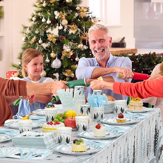 Funnymoom 452 Pcs Light Blue Christmas Party Decoration for 50, Plaid Gingham Tree Blue Xmas Paper Plates Napkins Cups Tablecloth Cutlery Straws for Winter Holiday Baby Shower Birthday Party Supplies