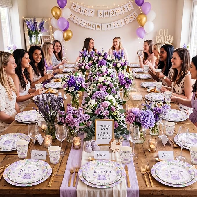 Pickmesh 250 Pcs Purple Floral Baby Girl Shower Disposable Tableware Set Hello Sweet Baby Paper Plates Napkins Cups Cutlery for Gender Reveal Birthday Party Supplies Babies Shower, Serve 50 Guest