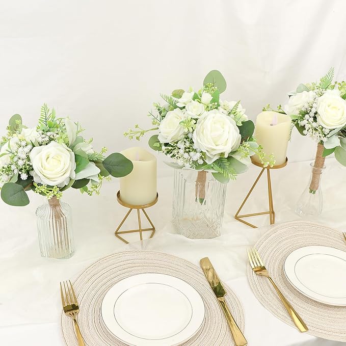 Wedding Bridesmaids Bouquet Set of 2 Artificial Flowers Bouquets for Bridesmaid Pre-Made 7 Inch Faux Small Floral Bouquets Bridal Shower, Wedding, Ceremony, Anniversary - Ivory White