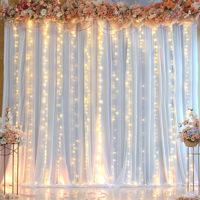 20ft x 10ft White Chiffon Backdrop Curtain with Lights String for Parties,4 Panels Sheer Tulle Curtain Wedding Backdrop for Baby Shower Birthday Party Ceremony Reception Home Decorations