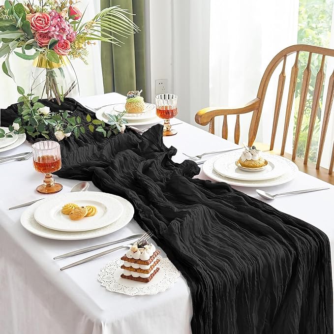 IVAPUPU 10 Pcs Cheesecloth Table Runner - 10ft Black Spring Boho Gauze Black Cheese Cloth Table Runners for Baby Shower Decorations Wedding Party Garden Farmhouse Decor