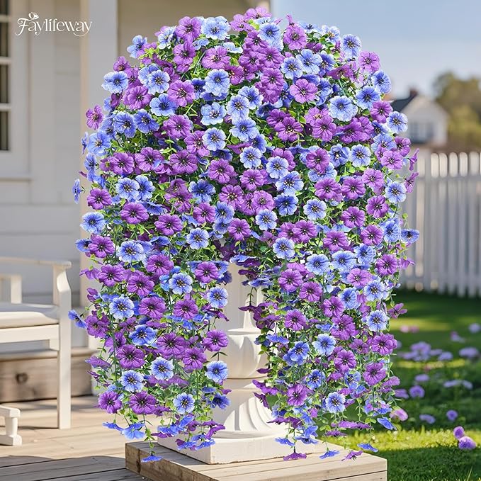 Artificial Hanging Flowers for Outdoors Spring Summer Decoration, 8PCS UV Resistant Silk Fake Hanging Plants for Patio Porch Front Yard Window Garden Indoor Decor(Blue&Purple,8PCS)