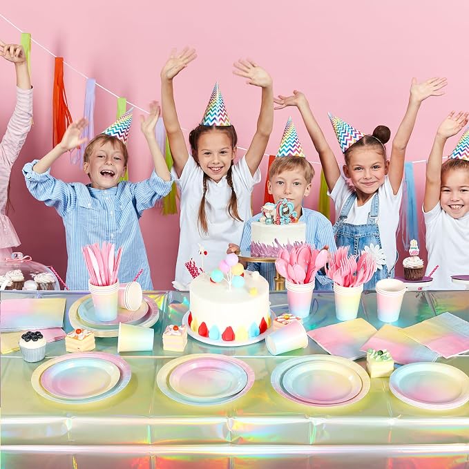 Iridescent Rainbow Party Decorations - Serve 25, Holographic Pastel Paper Plates and Napkins, Disposable Iridescent Rainbow Plates, Cups, Napkins for Girls Birthday, Wedding, Baby Shower