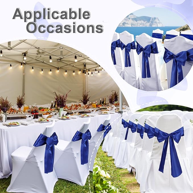 Lounsweer 50 Pcs Folding Chair Cover Set with 25 Stretch Spandex Slipcovers 25 Satin Chair Sashes Bows Ribbon Washable Banquet Protector for Wedding Event Party(White, Royal Blue)