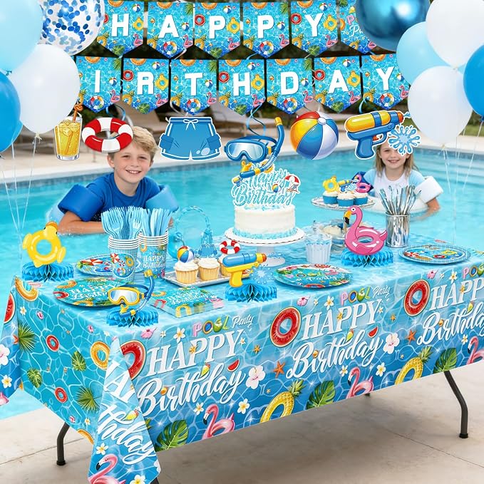 Pool Birthday Party Decorations - Plates, Napkins, Cups, Cutlery, Honeycomb Centerpieces, Banner, Hanging Swirls, Tablecloths, Toppers, Balloons for Hawaii Summer Pool Party Decorations, Serves 20