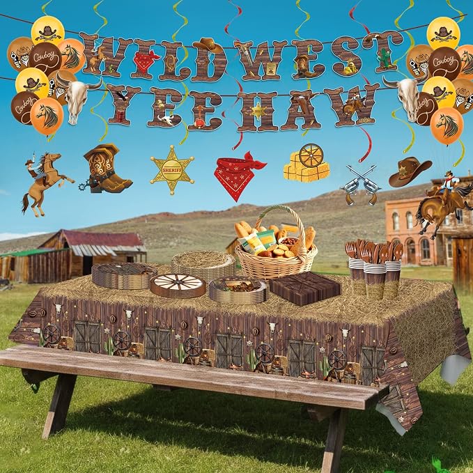 203pcs Western Cowboy Birthday Party Decorations Disposable Tableware Set Include Plates, Napkins, Cups, Cutlery, Balloon, Banner, Hanging Swirl, Tablecloth for Cowboy Birthday Decor Serve 24