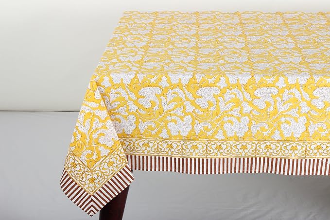 Ridhi Saffron Yellow Hand Block Print Cotton Rectangle Tablecloth 120" x 80" inches Reusable Table Cover Decorative Everyday Use for Dining Room, Farmhouse, Home Gift for Spring, Mother's Day