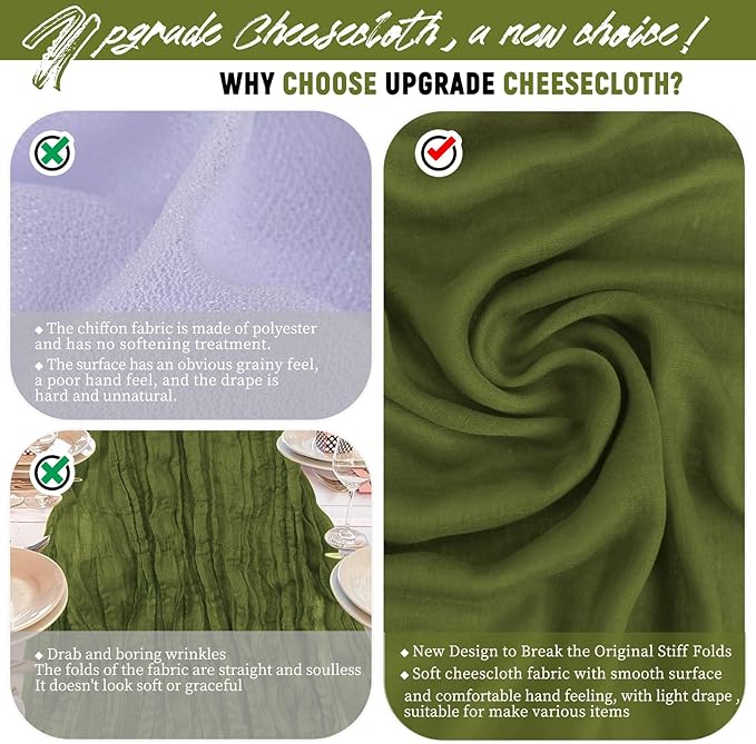 Teruntrue 24 Packs Olive Green Cheesecloth Table Runner,10ft Rustic Gauze Boho Wedding Table Runner Decoration, Wedding Table Decor Sheer Table Runner for Wedding Party Bridal Shower Table